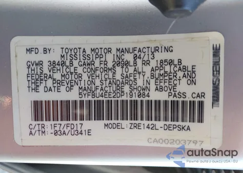 2013 Toyota Corolla S z USA, uszkodzony, nr VIN 5YFBU4EE2DP191084